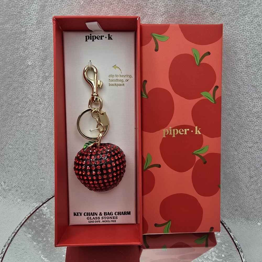 Large Red Apple 3D Bag Charm Keyring With Faceted Red Glass Stones By Piper.K